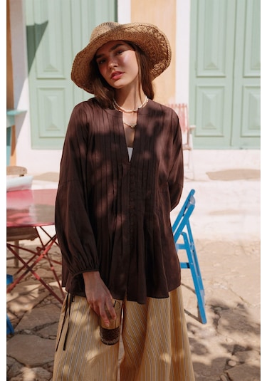 Nervür Detaylı Vual Tunik Kahverengi