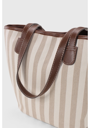 Housebags Krem Çizgili Deri Askılı Plaj Çantası Krem Çizgili