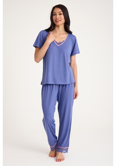Dream Gri Mavi Viskon V Yaka Dantel Detaylı Pijama Takımı Mavi