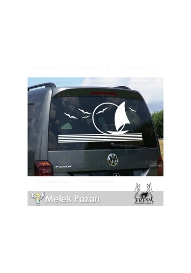 90X46 cm-Martılar ve Yelkenli Karavan Sticker. Karavan Çıkartma