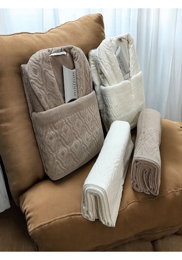 Banyo Çeyiz Seti, %100 Pamuk Bornoz Takımı, 8 Parça Aile Bornoz Seti, Havlu & Havlu Seti Bej-krem Bej