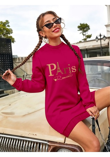 Stilaura Kadın Uzun Kollu Bisiklet Yaka Yazılı Kısa Viskon Iki Iplik Elbise Bordo