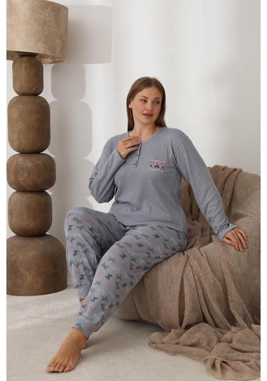 Lindros Kadın Pamuk'lu Düğme Yaka Raporlu İnterlok Kışlık Battal Pijama Takımı 0243 - 1 Adet Gri