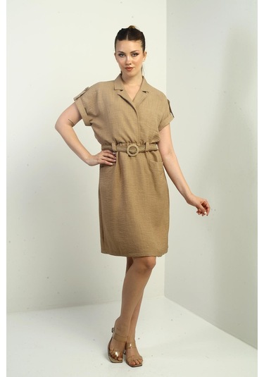 Kadın Torba Cepli Beli Kemerli Elbise-40411 Camel