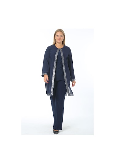 Büyük Beden 3552 Lacivert Ceket+Bluz+Pantolon Üçlü Takım Gümüş - Lacivert
