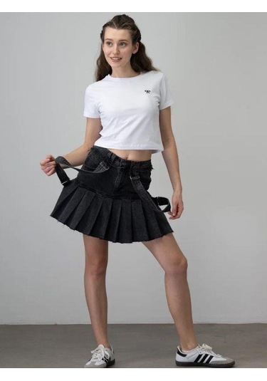 Kız Çocuk Askılı Pileli Tasarım Denim Etek-15535 Siyah