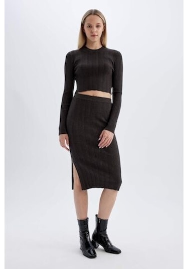 Defacto Coool Slim Fit Dar Kesim Basic Düz Yırtmaçlı Triko Midi Etek A2058AX24AUAR227 Antrasit