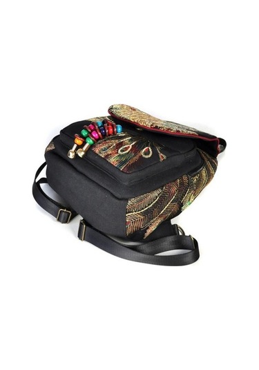 Luckydog Moda Mavi Sırt Çantası Kadın Nakış Tavuskuşu Büyük Kapasiteli Seyahat Çantası Mavi