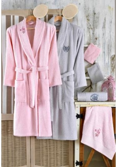 Güvenal Rüya 10 Parça Nakışlı Bornoz Seti | Bornoz Takımı Kahverengi - Pudra