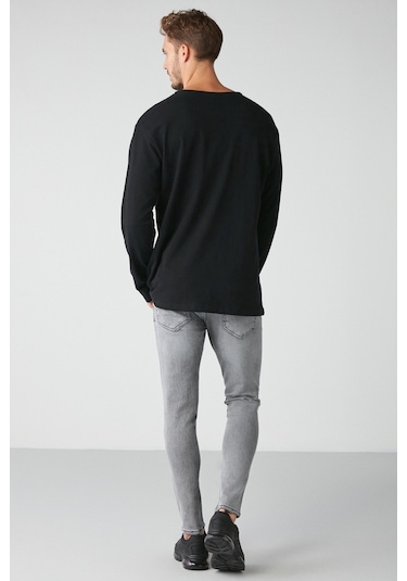 Lorenzo  Erkek Özel Rustik Dokulu %100 Organik Pamuk Düğme Detaylı Regular Siyah Sweatshirt