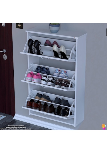 Modilayn West Asma Kapı Önü 72x116x26 Cm Lik 3 Düşer Kapak 6 Göz Bölmeli Ayakkabılık Beyaz