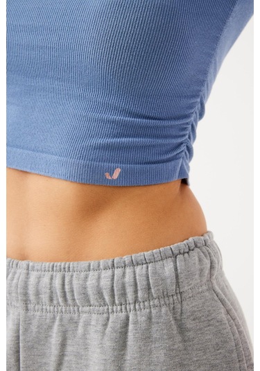 Aura Uzun Kol Büzgülü T-shirt Mavi Mavi