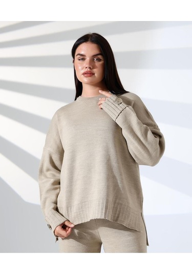 Rahat Kalıp Kol Detaylı Triko Takım Vizon