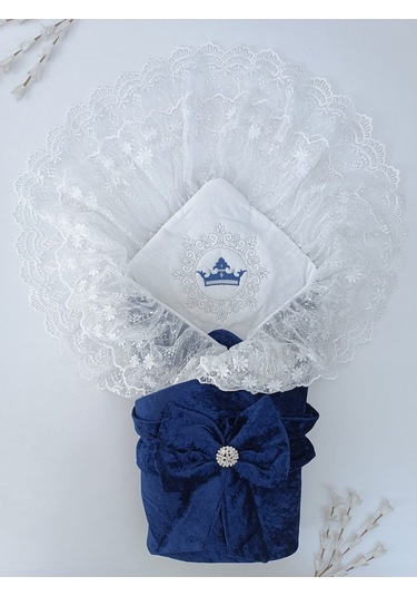 Dantelli Taçlı Bebek Kundağı Unisex Bebek Dış Kundak Battaniyesi Hastane Çıkışı Mevlütlük Kundak Lacivert