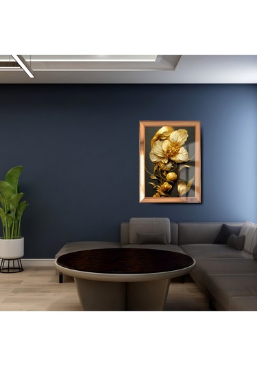 Ayna Çerçeveli Cama Baskılı 3d Çiçek Cam Gold Siyah Detaylı Tablo