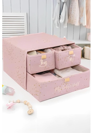 Flora 3 Bölmeli Baby Çekmece, Yenidoğan Bebek Kıyafet Çamaşır Patik Bez Düzenleyici Kutu Pembe Pembe