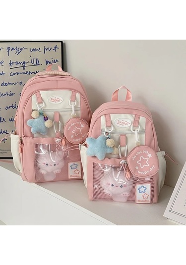 Honeybeeshop Pembe Renkli Kapasiteli Naylon Okul Sırt Çantası Fermuarlı Ve Aksesuarlı Pembe