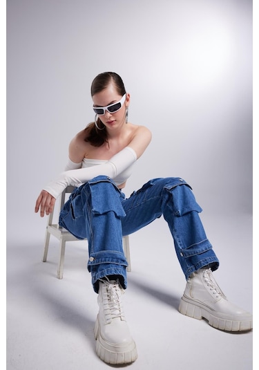 Holly Lolly Yüksek Bel Wide Leg Cargo Jean Pantolon Mavi