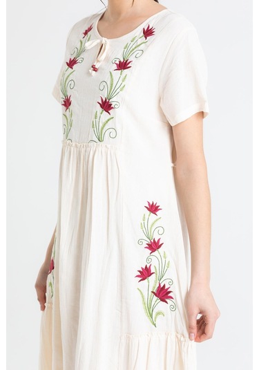 Kısa Kol Şile Bezi Lalezar Nakışlı Midi Boy Elbise Krem Krm-krem