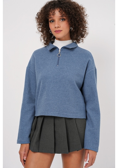 Bigdart 55449 Fermuarlı Yaka Örme Sweatshirt - İndigo