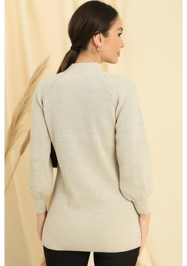 Boyun Dekolteli Saç Örgülü Desen Büyük Beden Spor Tunik Kazak-35294 - Bej