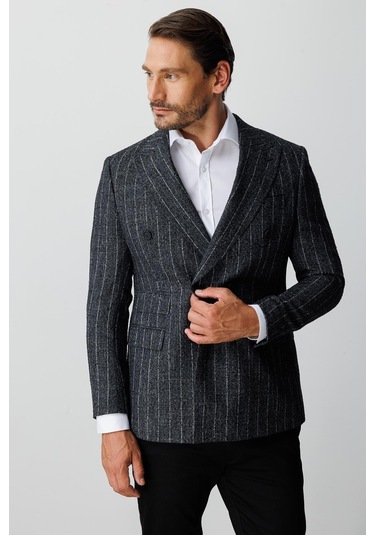 Erkek Siyah Slım Fıt / Dar Kalıp Geniş Kırlangıç Ceket-20007 Siyah