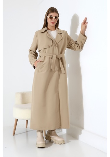 Amazon Keten Kumaş Uzun Boy Düğmeli Astarlı Yumuşak Dokulu Trenç Kot Taş Taş