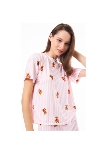 Premium Kadın Pijama Takımı Krem Ayıcık Desenli Yumuşak Dokulu Kısa Kollu Bisiklet Yaka Pembe