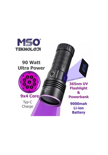 Profesyonel 90watt Uv 365nm Değerli Taş Tespit Powerbank & Led Fener Siyah