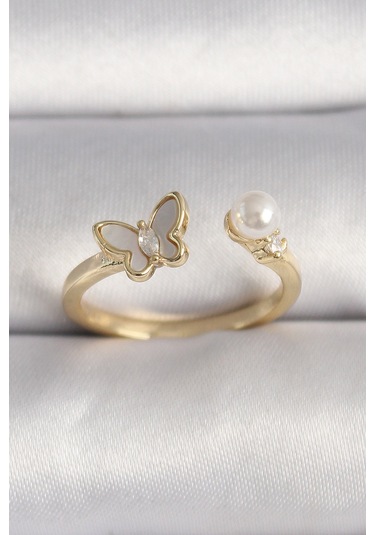 Pirinç Gold Renk Zirkon Taş Detaylı Beyaz Mineli Kelebek Model İnci Detay Ayarlanabilir Yüzük - Tj-byk3523 Çok Renkli