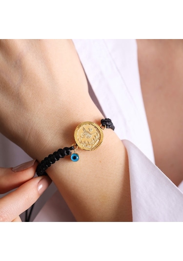 Çeyrek Reşat Altın Bileklik 14K Nazarboncuk (Siyah Ip) Sarı Altın