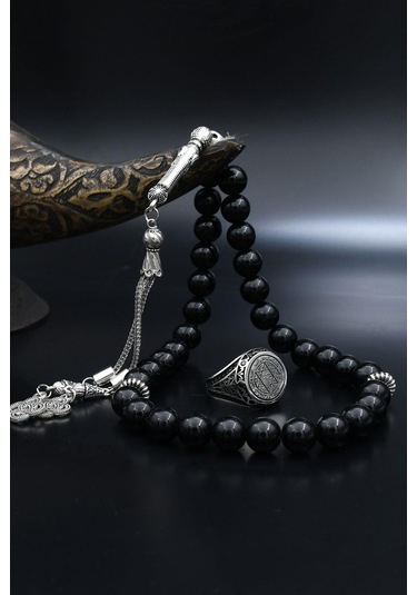 Doğal Oniks Taşlı Tesbih Ve 925 Ayar Gümüş Yüzük Hz. Süleyman Mührü Mikro Taş Süslemeli 901942 Gümüş