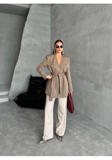 Haki Elegant Kuşaklı Ceket Haki