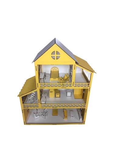 Ahşap Oyun Evi 60Cm 14 Eşya Sarı Led Işıklı
