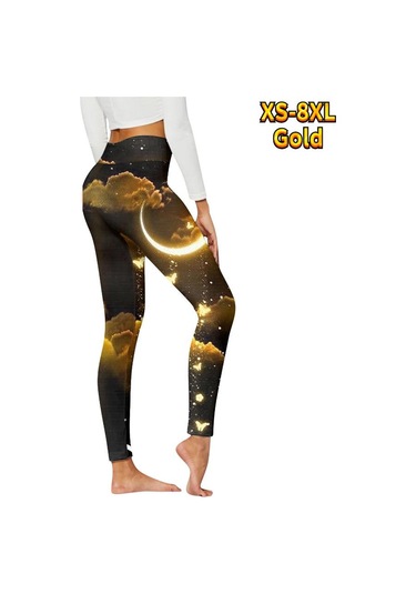 Altın Bayan Altın Ay Baskılar Streç Yoga Tayt Spor Koşu Spor Salonu Spor Aktif Pantolon Altın