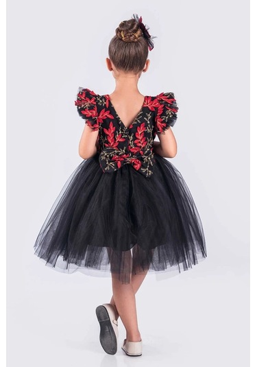 Kız Çocuk Elbise Tütü Etek Nakışlı Siyah Kırmızı