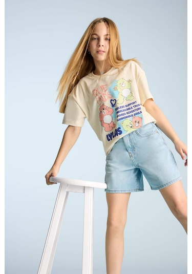 DeFacto Kız Çocuk Oversize Geniş Kalıp Bisiklet Yaka Kısa Kollu Tişört E0386A825SMER134 Ekru