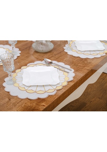 Finezza Mila Nakışlı Keten Efekt Kumaş Krem Sarı A.Servis 33x45 cm 4 Ad.-1392 Krem