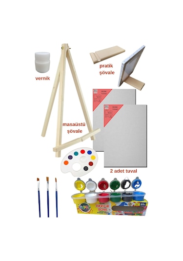 Masaüstü Şövaleli Resim Boya Başlangıç Seti, 2 Tuval, 6lı Boya, Palet, Vernik. Şövalye