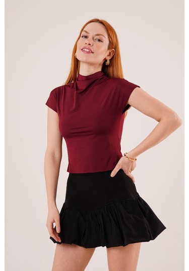 Boğazlı Parlak Kumaş Bordo Crop Bordo