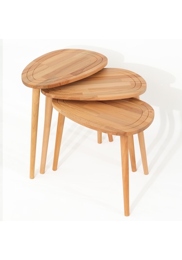 Sweet Naturel Renk Masif Doğal Ahşap Yan Sehpa 3'lü Zigon Sehpa