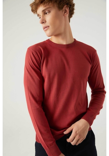 Regular Fit Nar Çiçeği Tüylenme Yapmayan Bisiklet Yaka Triko Kazak Narçiçeği