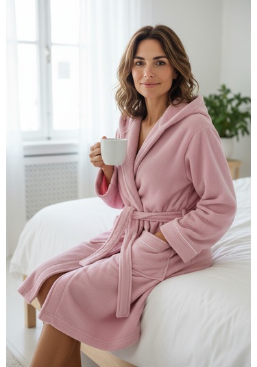 % 100 Pamuklu Laodikeia Kapşonlu Unisex Kadın Erkek Bornoz Pembe