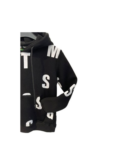 Çocuk Harf Baskılı Şardonlu Kapuşonlu Sweatshirt-15195 Siyah