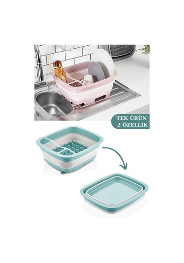 Flosoft Katlanabilir Bulaşıklık Ve Badya, Akordiyon Kaşıklık Bölmeli Tabaklık Kurutmalık Badya Yeşil