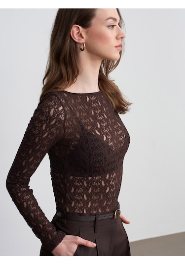 Dilvin 32763 Kayık Yaka Dantel Top-koyu Kahve