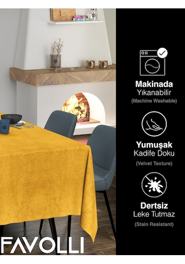 Kadife Dokulu Safran Renk Masa Örtüsü Safran
