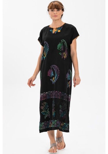 Kısa Kol Pamuk Hitit Uzun Elbise Yaprak Renkli Yprk Renkl-yaprak Renkli Siyah