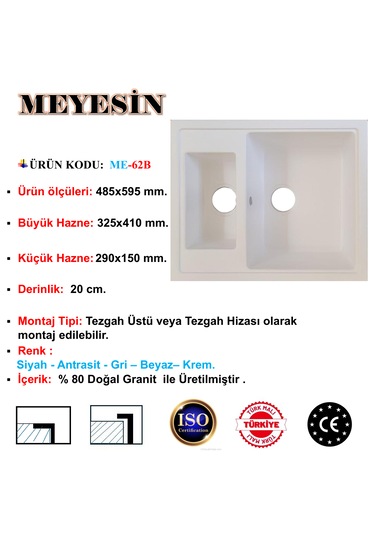 Meyesin ME-62B Granit 1.5 Göz Mutfak Evyesi Beyaz 485 x 595 MM