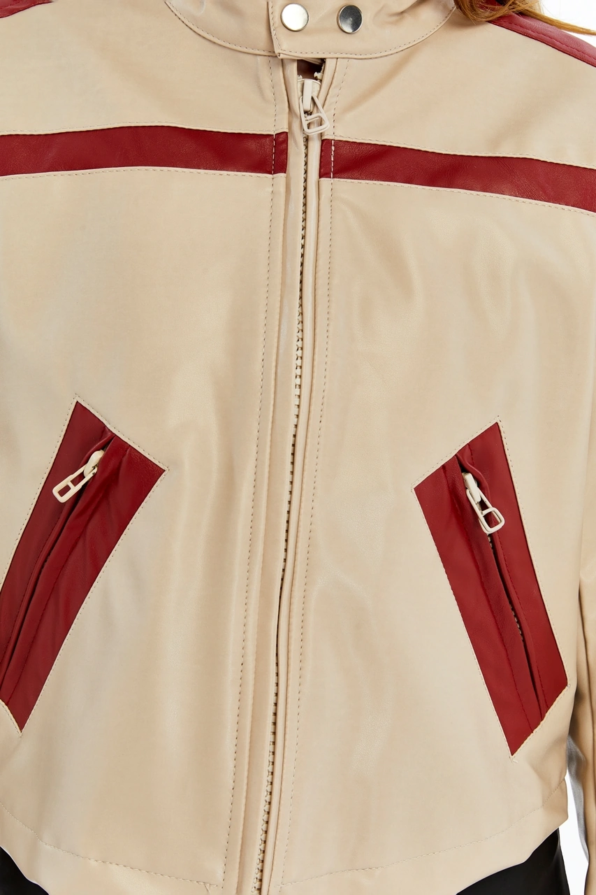 Kadın Şeritli Deri Ceket Günlük Kullanım Niş Özgün Tasarım Mont Fermuarlı Standart Bomber Ceket Bej